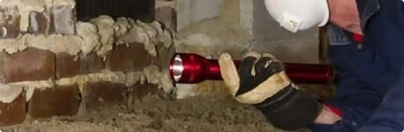 Pest control technician inspecting a crawl space for ant activity in Stow, OH