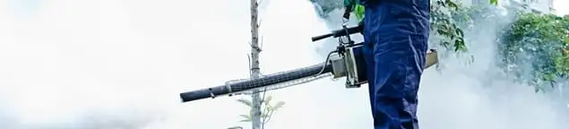 Pest control technician fogging an outdoor area for insect control in Akron, OH